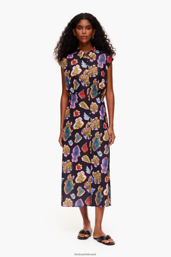 كو Bimba Y Lola فستان طويل البحر الأسماك أسود 24BTV4176 ملابس